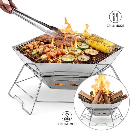Opvouwbare Houtskool BBQ & Vuurplaats – RVS Camping Barbecue – Draagbaar & Stevig – Groot Formaat – Voor BBQ, Kampvuur & Outdoor Koken van Merkloos