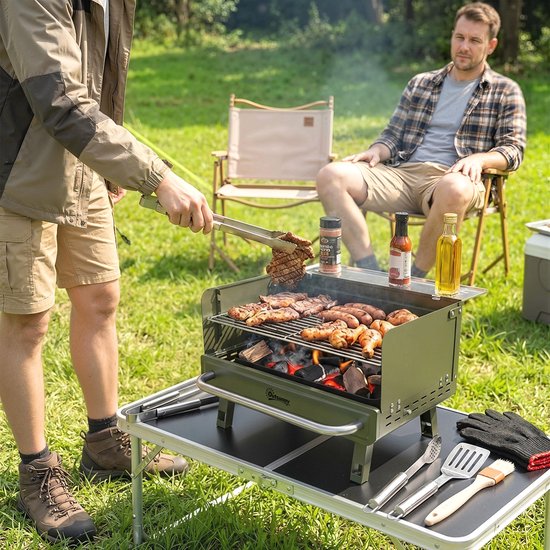 Opvouwbare Houtskoolbarbecue - Draagbare BBQ Met Verstelbaar Grillrooster En Zijtafel - Groen - RVS Camping Grill