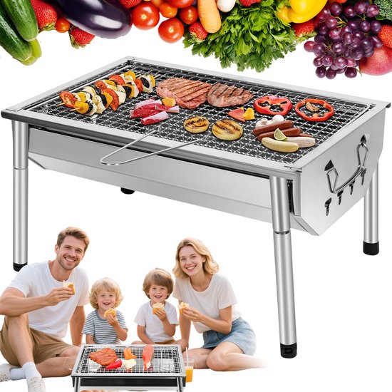 Opvouwbare Houtskoolbarbecue - Draagbare Camping BBQ - Duurzaam en Corrosiebestendig RVS - Grillrooster van 40 × 27 cm - Compact Opvouwbaar Ontwerp - Geen Montage Nodig - Voor Kamperen, Picknicks, Strand en Tuin