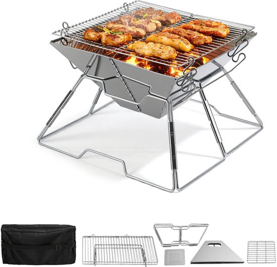 Opvouwbare Houtskoolbarbecue RVS – Verstelbaar Grillrooster, Compacte Camping BBQ