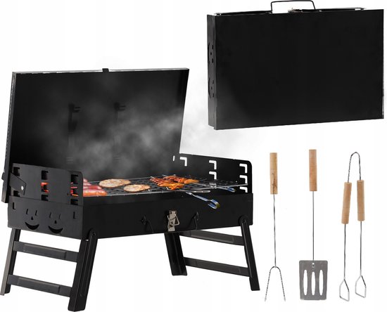 Opvouwbare toeristengrill/barbecue met vorken en spatel, koffer, 44x23x48 cm van Merkloos