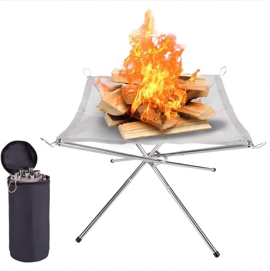 Opvouwbare vuurplaats, draagbare opvouwbare 304 roestvrijstalen gaas campingvuurplaats voor picknick, kampvuur, houtgestookte vuurplaats met draagtas voor terras, camping, tuin - L (55,9 x 55,9 x 43,2 cm) van FAMEX