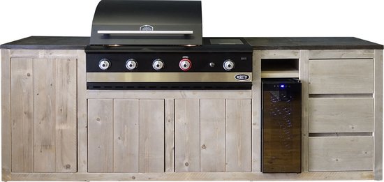 Outside Meubelen | Buitenkeuken - Malang | Boretti Ibrido Top BBQ | Wijnkoeler | Natuursteen blad | Steigerhout | Tuinmeubelen van Boretti