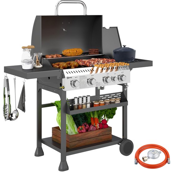 Outsunny gasbarbecue - rvs - 135x55x103 cm - zwart van Merkloos