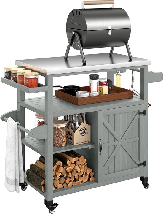 Outsunny Grillwagen - Roestvrij staal, vurenhout - 107 x 49,5 x 92,5 cm - Grijs van Merkloos