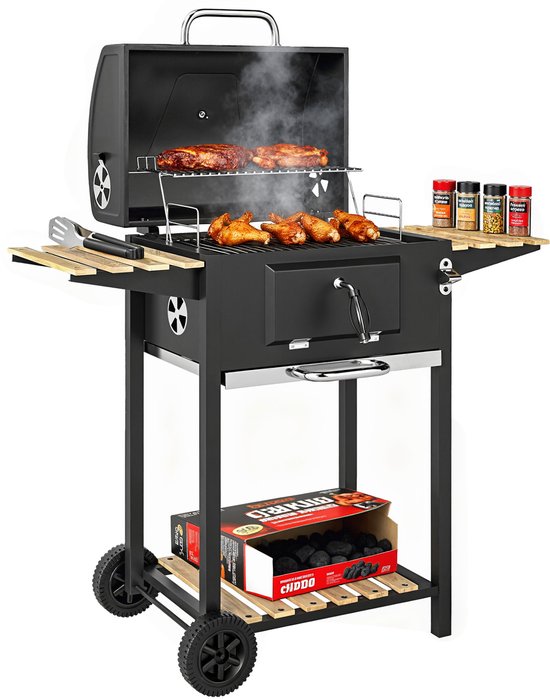 Outsunny-Holzkohlegrill-Edelstahl, Kiefernholz-112L x 58B x 107H cm-Schwarz van Merkloos