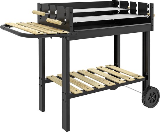 Outsunny-Holzkohlgrill-Metall, Kiefernholz-113L x 53,5B x 82,5H cm-Schwarz van Merkloos