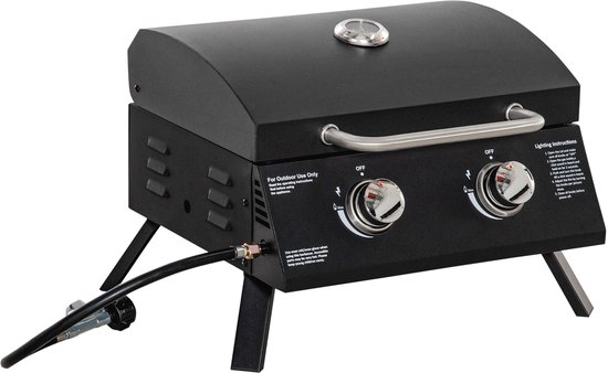 Outsunny Tafel gasbarbecue - Opvouwbare bbq - Draagbare gasbarbecue - Kleine gas bbq - 2 branders - Met deksel - Thermometer - Inklapbaar - Balkon - 55x46,5x41cm - Grill - Zwart