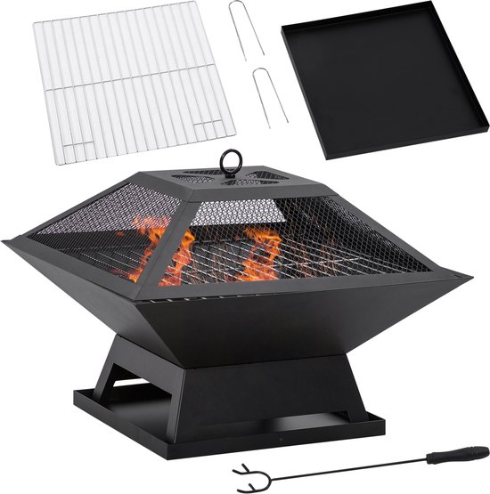 Outsunny vuurschaal met vonkenbescherming grillrooster poker vuurkorf vuurkorf voor in de tuin camping BBQ staal zwart 45 x 45 x 34 cm van Outsunny