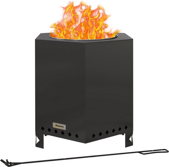 Outsunny Vuurschaal, rookvrij tafelvuur, haard met pookhaak, vuurkorf voor tuin, camping, terras, metaal, zwart van Outsunny