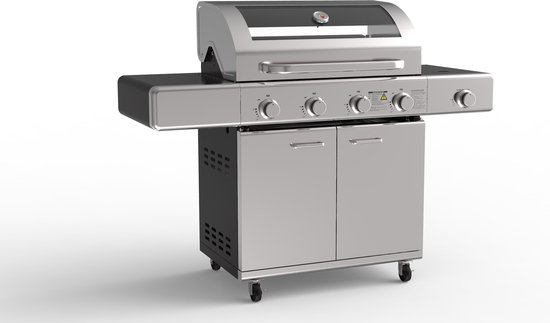 Paralux - Gasbarbecue 4 branders - RVS met gietijzeren roosters - Incl. zijbrander & gietijzeren kookplaat buitenkeuken barbecue van Paralux