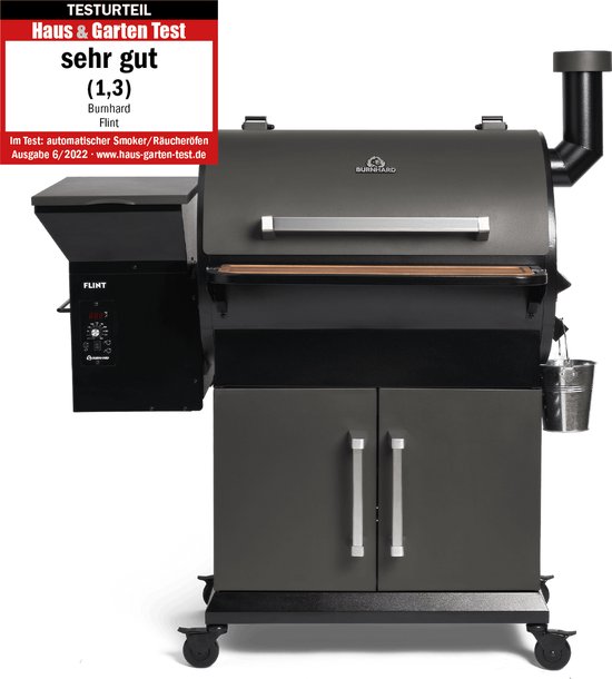 Pelletroker BURNHARD® Constante Hitte, 24u Roken, 70-230°C, 9kg Pelletkamer, Roestvrijstalen Roosters, Opklapbare Voortafel, Onderkast, UV-hoes – FLINT van Merkloos