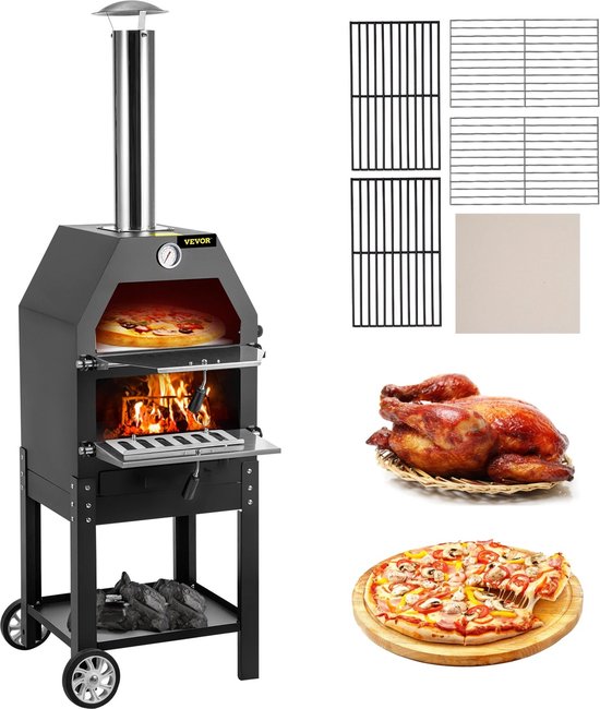 Pizza Oven - Pizza Oven Buiten - Met Wielen - Pizza Steen - Buiten Oven - Hout Oven - BBQ - 2 Lagen - Zwart van Merkloos