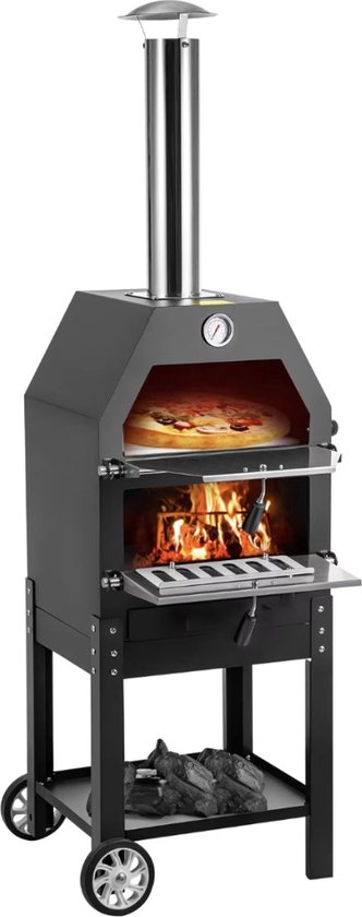Pizzaoven - Houtoven - Buiten - Buitenkeuken - Buitenoven - Hout gestookt - Met wielen - Zwart -140x40x35