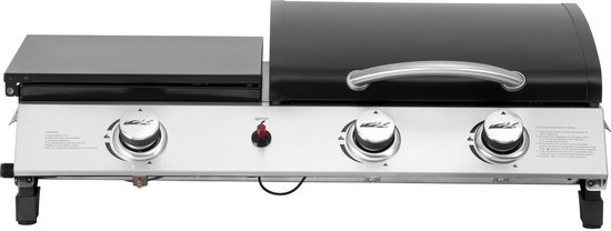Plancha gas bbq gasgrill bakplaat met deksel "Rasio" - 7,5 kW - 3 branders - Zwart van Merkloos