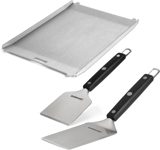 Plancha Set BURNHARD® 2-delig, roestvrij staal, ergonomisch, voedselveilig, slagvast, krasbestendig – Grillspatel en Grillschraper Set