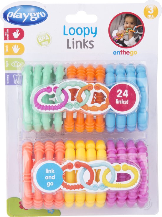 Playgro Gekleurde Schakelringen - Loopy loops - Kinderwagen accessoires - 24 stuks - Verschillende Bijtprofielen van Playgro