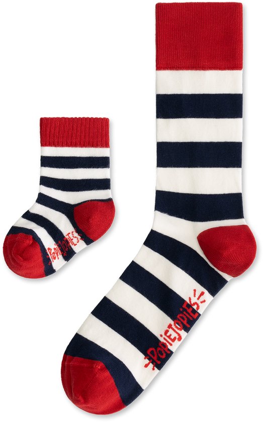 Popiejopies matching sokken Streepje Voor | maat: 41-46 + 0-12 maanden | rood-wit-blauw gestreepte sokken van Popiejopies