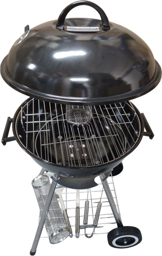 Premfy Luxe Kogelbarbecue - Houtskoolbarbecue - Ronde Barbecue op Wielen - SET met 2 Grillrollen, BBQ Hoes, en Grilltangen SET - 46x76 cm - Instelbaar Luchtrooster - Grilloppervlak Ø 45 cm - Met As Vanger - Zwart van Premfy Luxe