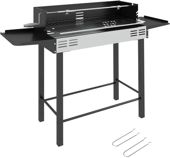Premie 2-in-1 Houtskool Barbecue - Smoker Barbecue - Houtskoolgrill - met Verstelbaar Grillrooster, 1 Draaispit, Wielen - BBQ voor Kamperen, Buiten, Tuin - 118 x 32 x 90 cm - Zwart + Zilver van Merkloos