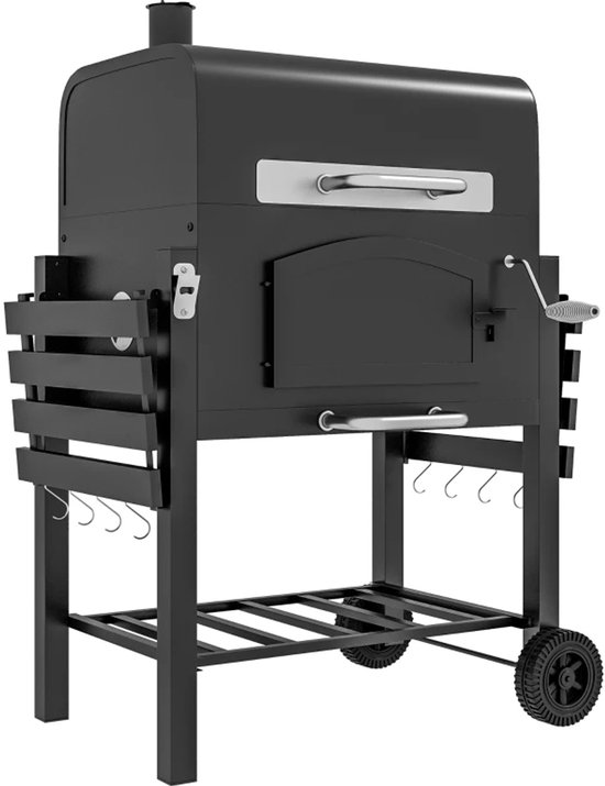 Premie 3-in-1 Houtskool Barbecue - Smoker Barbecue met Rookfunctie - Houtskoolgrill - met Verstelbaar Houtskoolcompartiment, Deksel, Handgrepen, Thermometer, Wielen - BBQ voor Kamperen, Buiten, Tuin - 124 x 66 x 112 cm - Zwart van Merkloos
