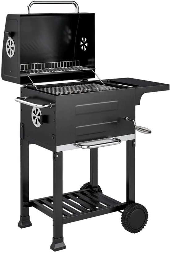 Premie Houtskool Barbecue - Compacte Smoker Barbecue - Barbecuegrill - Grillwagen - Houtskoolgrill met Deksel, Bijzettafel, Deksel, Thermometer, Planken - Verplaatsbaar - BBQ voor buiten, tuin - Zwart van Merkloos