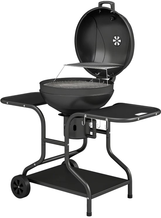 Premie Houtskool Barbecue - Houtskoolgrill met Rookfunctie - Grillrooster - Grilloppervlak Ø54 cm - met Bijzettafels, Deksel, Thermometer en Wielen - BBQ voor Kamperen, Buiten, Tuin - 129 x 63,5 x 106,5 cm - Zwart van Merkloos