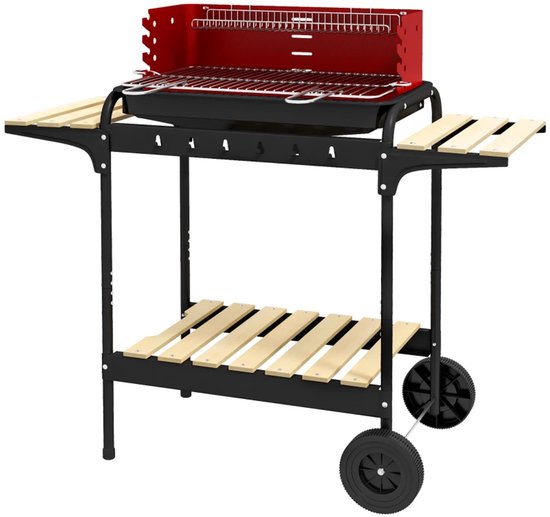 Premie Houtskool Barbecue - in Hoogte Verstelbaar Grillrooster - Grilloppervlak 53x34cm - met Houten Plank en Wielen - BBQ voor Kamperen, Buiten, Tuin - 103x47x95 cm - Rood van Merkloos