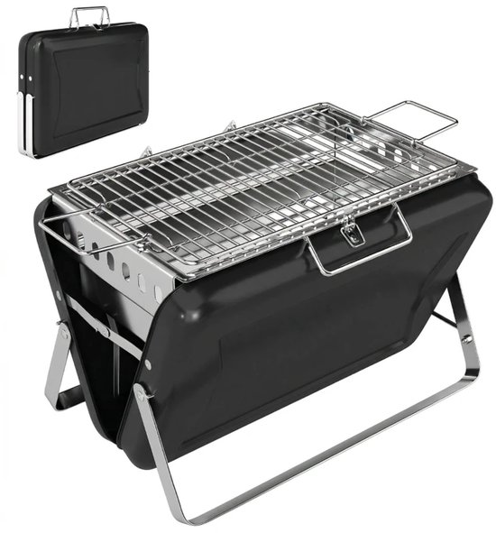 Premie Houtskool Barbecue - Smoker Barbecue - Barbecuegrill - Grillwagen - Houtskoolgrill - Houtskoolgrill met Grillrooster, Handvat en Inklapbare Poten - BBQ voor buiten, tuin & kamperen - 40x28x25,5 cm - Zwart van Merkloos