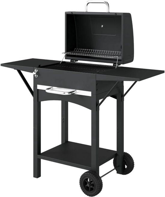 Premie Houtskool Barbecue - Smoker Barbecue - Barbecuegrill - Grillwagen - Houtskoolgrill met 2 Bijzettafels, Groot Grilloppervlak, Deksel, Thermometer, Planken - Verplaatsbaar - BBQ voor buiten, tuin - Zwart van Merkloos