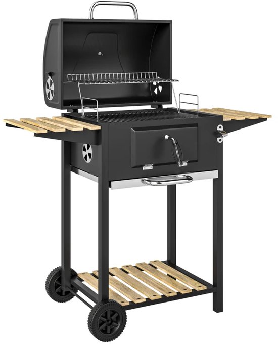 Premie Houtskool Barbecue - Smoker Barbecue - Barbecuegrill - Grillwagen - in Hoogte Verstelbare Houtskoolbak - Houtskoolgrill met Deksel, Flesopener, Thermometer, Planken - Verplaatsbaar - BBQ voor buiten, tuin - Zwart van Merkloos