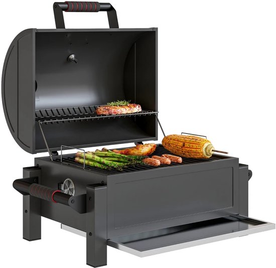 Premie Houtskool Barbecue - Smoker Barbecue - Houtskoolgrill - Grillwagen met Deksel, Warmhoudrek, Aslade, Thermometer - BBQ voor Kamperen, Buiten, Tuin - RVS - 67 x 53 x 55 cm - Zwart van Merkloos