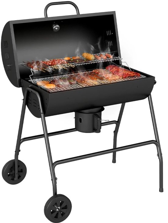 Premie Houtskool Barbecue - Smoker Barbecue - Houtskoolgrill - met Deksel, Thermometer, Wielen & Onderstel - BBQ voor Kamperen, Buiten, Tuin - 95 x 71,5 x 102 cm - Zwart van Merkloos
