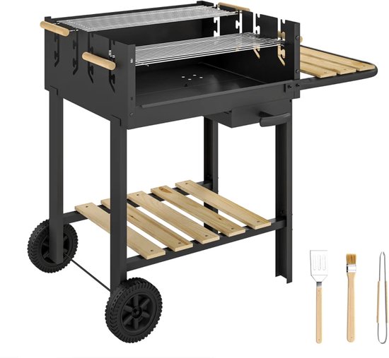 Premie Houtskool Barbecue - Smoker Barbecue - Houtskoolgrillwagen - Houtskoolgrill - met in 4 Standen Verstelbaar Grillrooster, Asbak, Wielen - BBQ voor Kamperen, Buiten, Tuin - 99,5 x 58 x 82 cm - Zwart van Merkloos
