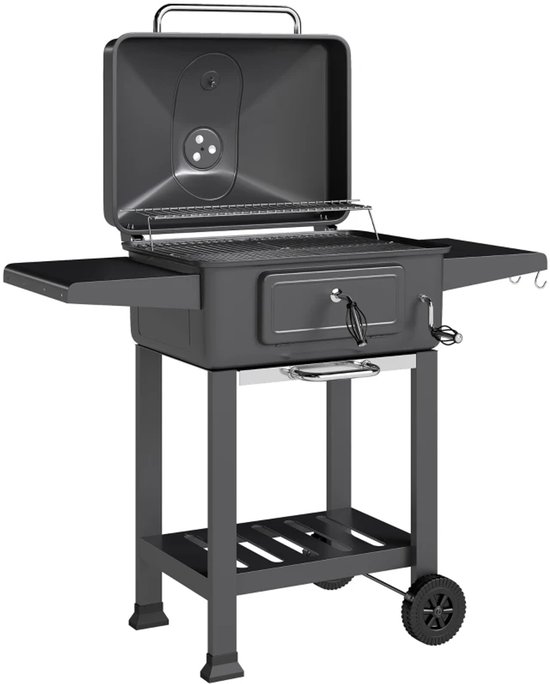 Premie Houtskool Barbecue - Smoker Barbecue - in Hoogte Verstelbaar - Barbecuegrill - Grillwagen - Houtskoolgrill - Houtskoolgrill met Deksel, Thermometer, Wielen, Bijzettafel & Handgreep - BBQ voor buiten, tuin - Zwart van Merkloos