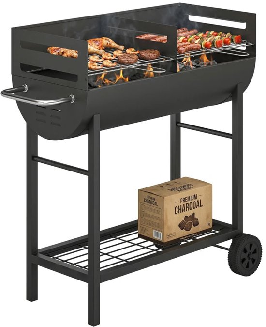 Premie Houtskool Barbecue - Smoker Barbecue met 2 Grillzones - in Hoogte Verstelbaar - Barbecuegrill - Grillwagen - Grillrooster - Houtskoolgrill met Wielen & Handgreep - BBQ voor buiten, tuin - Zwart van Merkloos