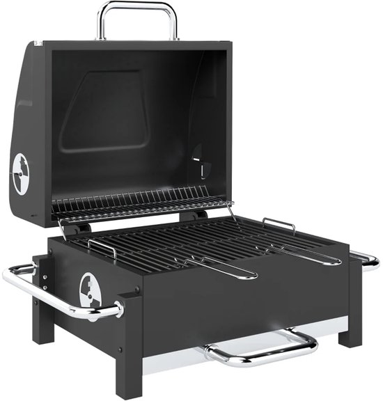 Premie Stalen Houtskool Barbecue - Smoker Barbecue - Draagbare Houtskoolgrill - met Deksel, Verstelbare Ventilatie, Houtskoolbak met 2 Niveaus, Thermometer - BBQ voor Kamperen, Buiten, Tuin - 74,5 x 54 x 46 cm - Zwart van Merkloos