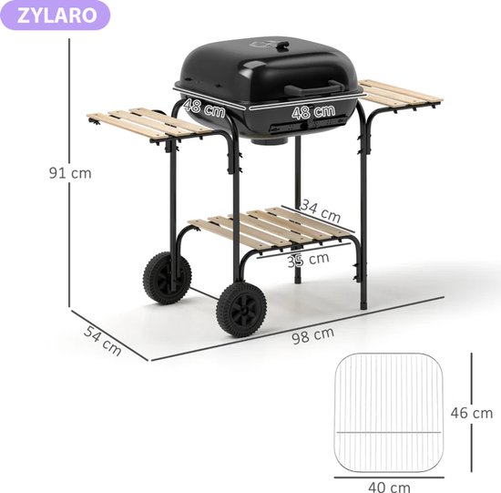 Premie Stalen Houtskool Barbecue - Smoker Barbecue - Houtskoolgrill - Grillwagen met Afsluitbaar Deksel, Wielen, Handvat, Houten Plank - BBQ voor Kamperen, Buiten, Tuin - 98 x 54 x 91 cm - Zwart van Merkloos