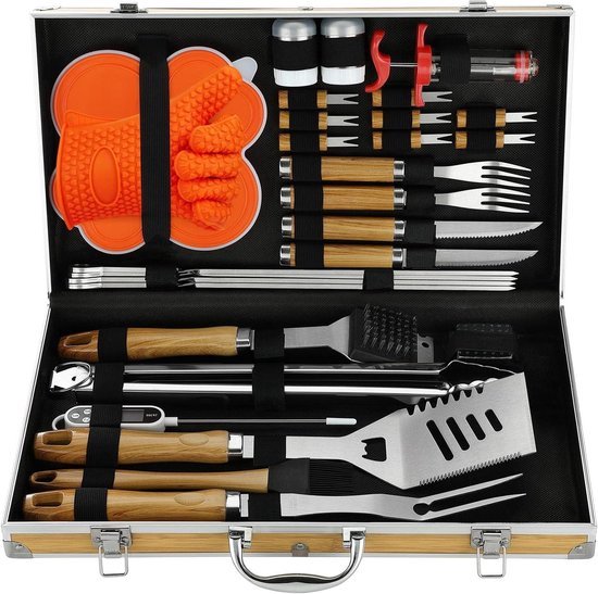 Premium Grillset met Bamboe Korrel Glad Handvat - 30-delige Roestvrij Staal BBQ Gereedschap Set met Koffer - Uniek Grillbestek-Set Cadeau voor Mannen Vrouwen Barbecue van wegoby