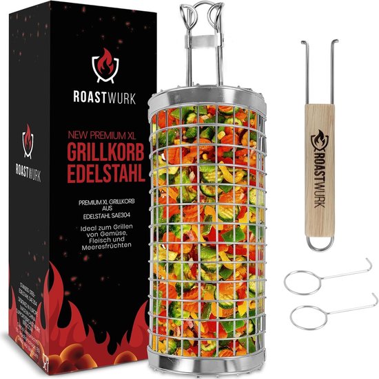 Premium XL Grillmand - Roestvrij staal - Voor Barbecue - Rollend Design - Voor Groenten en Vlees van premium