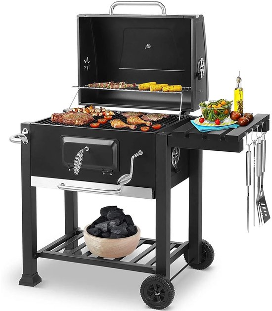 Prime Home Barbecue - BBQ - Barbecue houtskool - Barbecue set - Buitenkeuken - Smoker - Smoker bbq - Grill - Houtskool - Met klaptafel - Verrijdbaar - 5-10 personen - 78 x 56 x 35 cm - Zwart