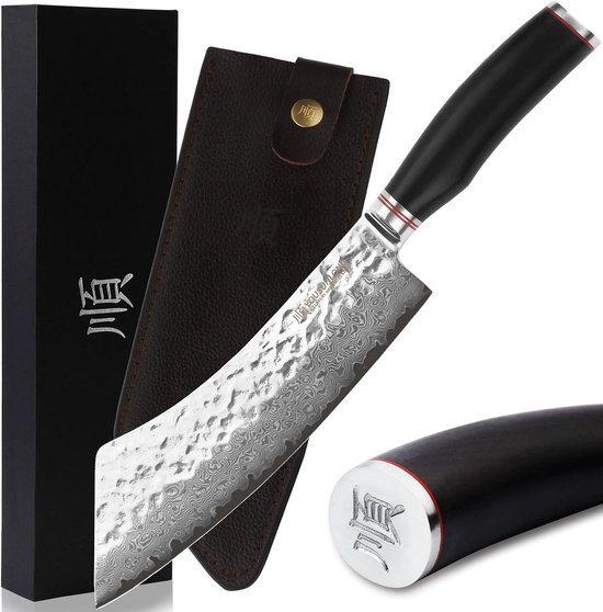 Professioneel BBQ-mes van 229mm met Japanse Damascus staal en lederen handvat - Perfect voor de keuken en grillen