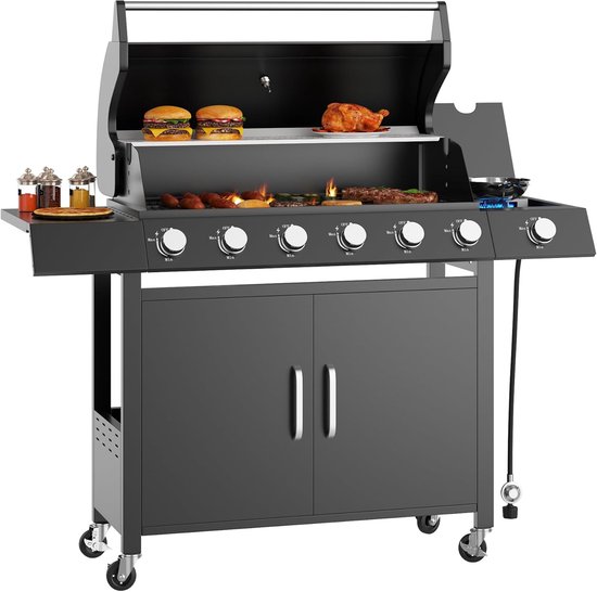 Propaanbarbecue met 6 hoofdbranders en 1 roestvrijstalen zijbrander – barbecuewagen van 60.000 BTU – voorzien van warmhoudrek, onderkast en 2 zwenkwielen met rem – geschikt voor in de tuin, op het terras en op de camping