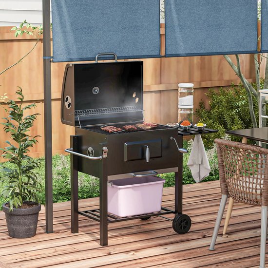Pugsdrly Houtskoolgrill Smoker BBQ-Smoker, 1 opbergvak, 1 handdoekhouder, 2 grillroosters, 113 cm x 65 cm x 108 cm, zwart van Pugsdrly