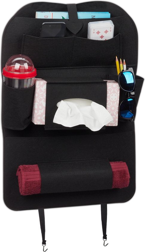 Relaxdays autostoel organizer - 7 vakken - vilt - voor kinderen - auto organizer - zwart van Relaxdays