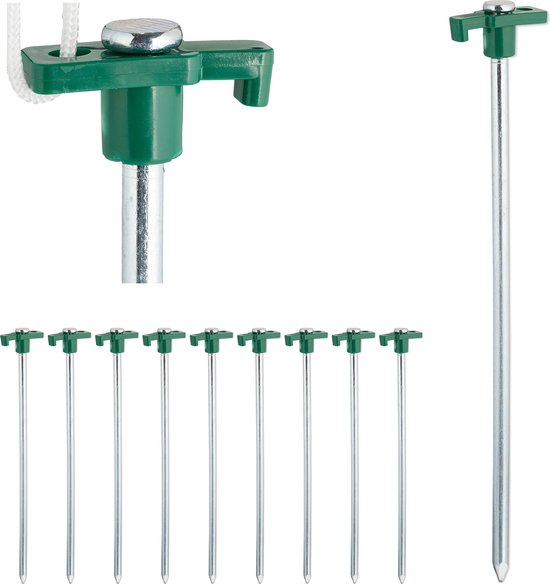 Relaxdays grondpennen set van 10 - voor harde grond - 25 cm - tentaccessoire - verzinkt staal - groen van Relaxdays