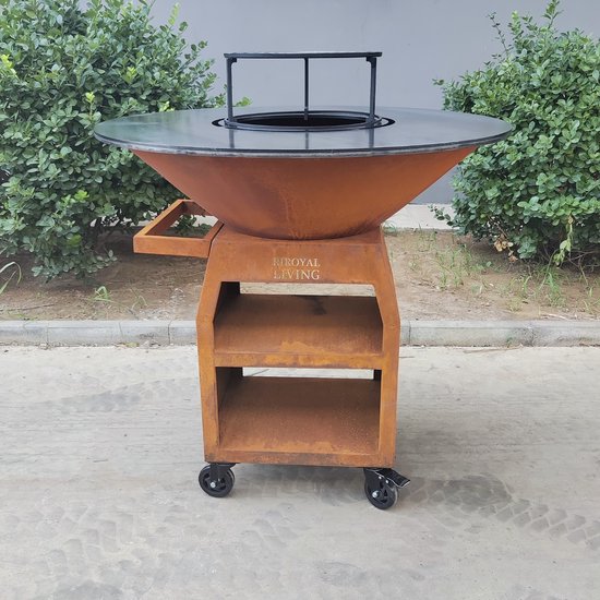 RJRoyal Living BBQ Plancha Grill Maestro XXXL Ø100cm Cortenstaal - Met Grote wielen en houtopslag vuurschaal 100cm stalen bakplaat van Merkloos