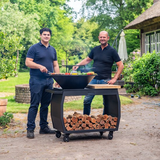 RJRoyal Living Plancha grill BBQ Big Jack Blackline 3.0 grillring en houtopslag vuurschaal buitenkeuken grillring met houten snijplank van Merkloos