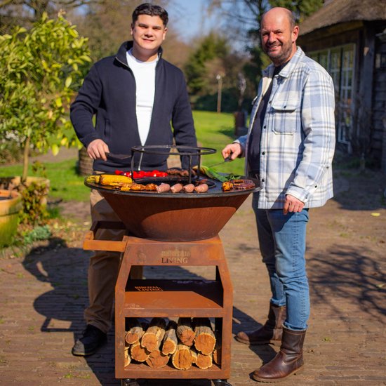 RJRoyal Living Plancha grill BBQ Maestro XXL 80 Cortenstaal grillring met pook en houtopslag vuurschaal buitenkeuken grillring van Merkloos