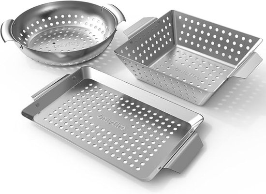 Roestvrij Stalen Grillmand Set van 3 - BBQ Groentemand en Vleesmand met Gebogen Handvat van Merkloos
